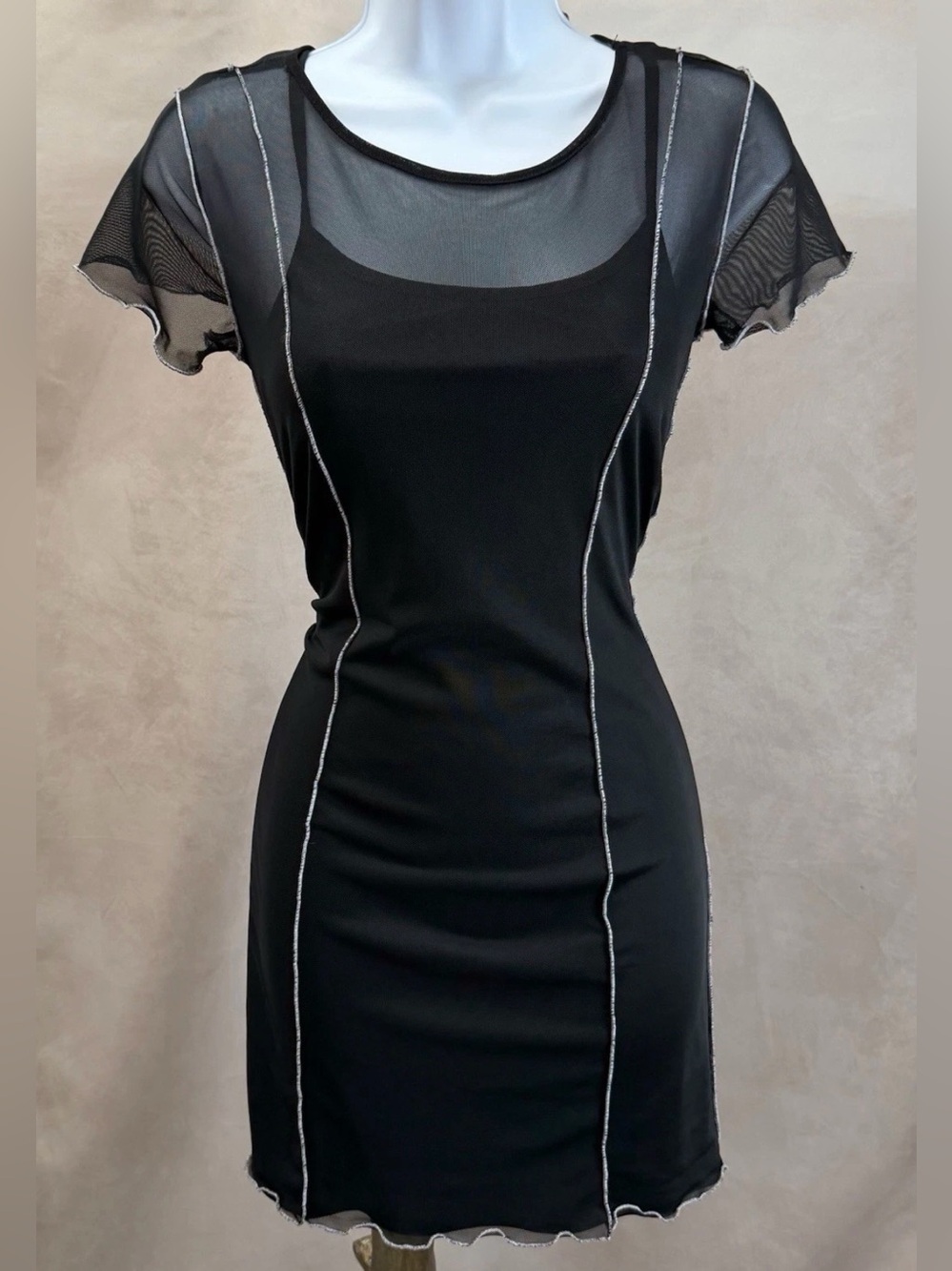 NWOT No Comment Black Sheer Mesh w/White Trim Bodycon Mini Dress Size M